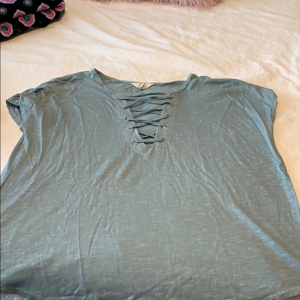 Blue T-shirt with criss-cross detailing